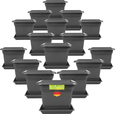 Produktbild von Pflanzkübel Eckig 28x28 Anthrazit 16er Set - Robuster Blumentopf Groß, Übertopf Ideal für Tomatenpflanzen, Eckige Pflanztöpfe Kunststoff