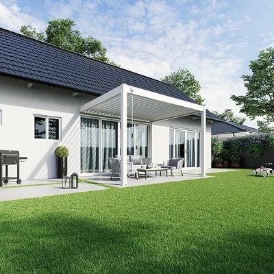 Immagine prodotto di Pergola da parete Weide Deluxe interamente in alluminio 3x3,6 m con tetto a lamelle bianco