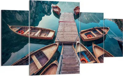 Produktbild von Bild auf Leinwand - Leinwandbild - Berge Boot Wasser - 160x90cm - Wand Bild - Wanddeko - Wandbilder - Leinwanddruck - Bilder - Kunstdruck - Wanddekoration - Leinwand bilder - Wandkunst - DL160x90-3971