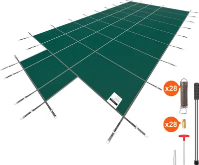 Obrázek produktu pro SucceBuy bezpečnostní kryt bazénu, vhodný pro obdélníkové bazény v zemi o rozměrech 4,8 x 9,7 m, pevný síťový kryt se středovým schodem 1,2 x 3 m a odtokovými otvory pro bezpečnost v zimě, zelený