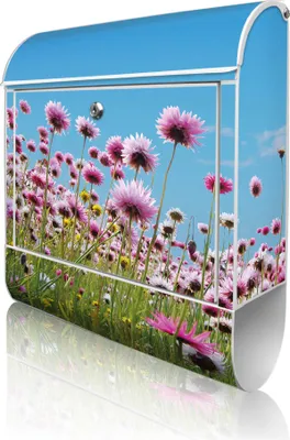 Produktbild von banjado Design Briefkasten Stahl weiß mit Zeitungsfach pulverbeschichtet "Sommerblumen" 38x46x12,5cm & 2 Schlüssel - Postkasten A4 Einwurf inkl. Montagematerial [BKW 10464]