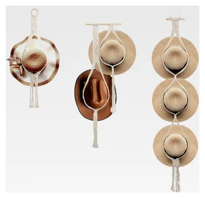 Produktbild von Makramee-Hutaufhänger (3 Stück), Baumwollseil, Wandhalterung für Hutaufbewahrung und Präsentation, Boho-Stil, handgefertigt, breiter Krempe, Organizer für Fedora-Hüte
