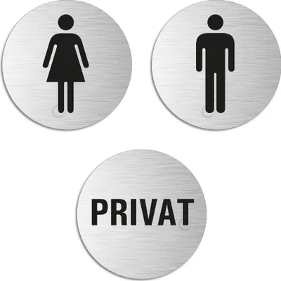 Produktbild von Türschild-WC-Schilder Hinweisschilder  3er-Set  WC-Damen - WC-Herren - Privat  Aluminium Edelstahlschilder-Optik Ø 75 mm