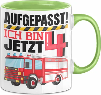 Produktbild von 4. Geburtstag Geschenk Tasse Becher Jungs Feuerwehr Aufgepasst Ich Bin Jetzt 4 (Grün)