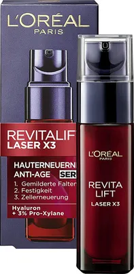 A product shot of L'Oréal Paris Revitalift Laser X3 serum and its packaging.