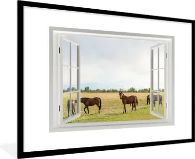 Produktbild von MuchoWow® MuchoWow® Gerahmtes Poster Aussicht - Pferde - Gras 90x60 cm - Poster mit zchwarzem Bilderrahmen - Wanddekoration - Fotos