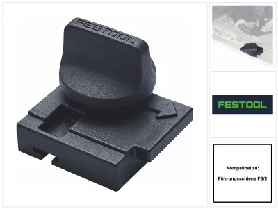 A black Festool accessory for a guide rail.