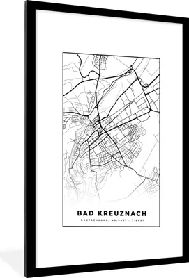Produktbild von MuchoWow® Gerahmtes Poster Karte - Stadtplan von Bad Kreuznach - Stadtplan 60x90 cm - Poster mit Schwarzem Bilderrahmen Wandposter Rahmen Foto Bilder - Dekoration - Wandposter Wohnzimmer - Hochwertig