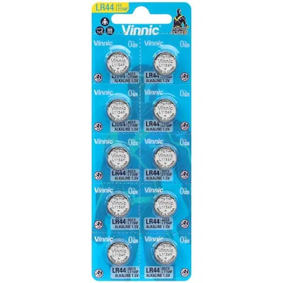A blister pack of Vinnic LR44 alkaline button cell batteries.