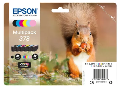 Produktbild von Epson Squirrel 378 Eichhörnchen Claria Photo HD Multipack 6 Farben Tinte, Standardertrag, Schwarz, Cyan, Helle Cyan, Magenta, Helle Magenta, Gelb, 5,5 ml, 4,1 ml, 1 Stück(e), Multipack