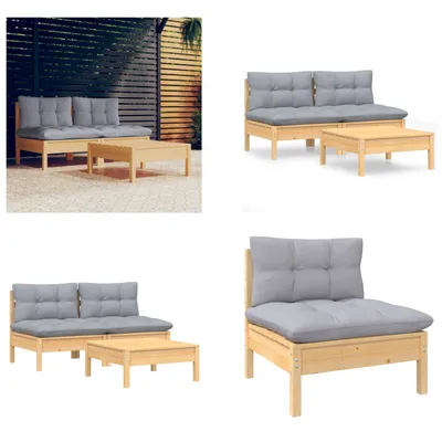 Productafbeelding van vidaXL 3-delige loungeset voor de tuin met grijze kussens, gemaakt van grenenhout - Tuin loungeset - Tuin loungesets - Lounge set - Lounge sets