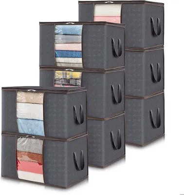 Imagen del producto de Uniqoos® Juego de 8 bolsas de almacenamiento de 60 litros – caja plegable para ropa con tapa, 55 x 35 x 31,5 cm, asas reforzadas, material no tejido, ventana transparente, color gris