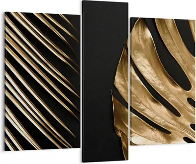 Produktbild von Bild auf Leinwand - Leinwandbild - 3 Teile - Golden Blatt Monstera - 95x80cm - Wand Bild - Wanddeko - Wandbilder - Leinwanddruck - Bilder - Wanddekoration - Leinwand bilder - Wandbild - CB95x80-5028