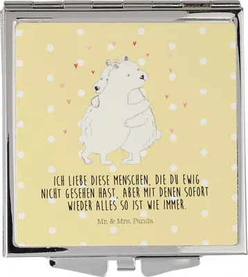 Produktbild von Mr. & Mrs. Panda Handspiegel Eisbär Umarmen - Gelb Pastell - Geschenk, Klappbarer Spiegel, Quadratischer, Klappspiegel, Schminkspiegel, Kosmetikspiegel, Lustige Sprüche