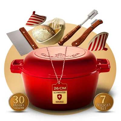 Produktbild von 2-in-1 Brottopf 26 cm – Gusseisen Topf zum Brotbacken als Dutch Oven – Emaille Brotbacktopf & Brotbackform – Schmortopf mit Deckel für Induktion