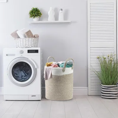 Produktbild von Geflochten Wäschekorb 38 Liter - Große Aufbewahrungskorb 35 cm x 40 cm - Wäsche-Sammler mit Griff - Wäschekörbe - Handwerk aus Baumwolle - Für Waschküche Wohnzimmer Kinderzimmer