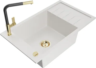 Produktbild von Mexen Elias 1 Becken-Granitspüle mit Abtropffläche und Mischbatterie Flora, Weiß - 6511-20-670401-57-G