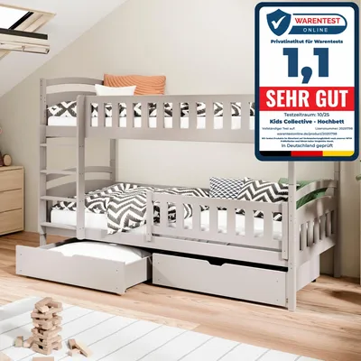 Produktbild von Hochbett 90x200 cm Etagenbett mit zwei Schubladen, Lattenrost, Rausfallschutz, umbaubar in zwei Einzelbetten, aus Vollholz massiv in Kaschmir, Funktionsbett