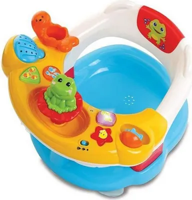 A colorful baby bath toy with interactive elements.