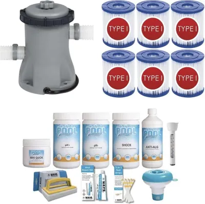 Zdjęcie produktu dla WAYS - Zestaw do pielęgnacji basenu Small Deluxe & pompa filtrująca 1249 l/h & 6 filtrów typu I