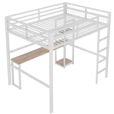 Produktbild von Hochbett mit Schreibtisch, Mehrfachsteckdose, Regal und Rausfallschutz (140x200 cm) Metallbett, Jugendbett