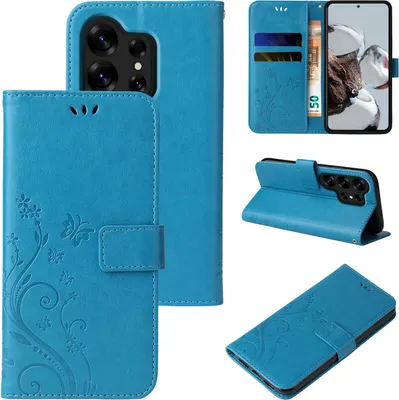 Produktbild von Handyhülle für Samsung Galaxy S26 Ultra Floral Blumen Schmetterling Flip Cover Hülle Case Klapphülle Handytasche Farbe: Blau