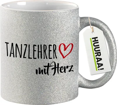 Produktbild von Huuraa Glitzertasse Tanzlehrer mit Herz 330ml Silber Keramik Kaffeebecher Geschenkidee