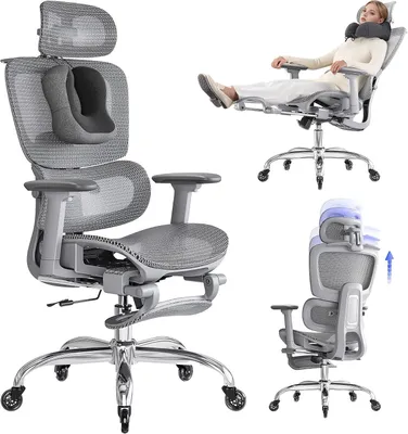 Obrázok produktu pre Šedá sieťovaná kancelárska stolička s ergonomickou opierkou chrbta, podnožkou a funkciou naklopenia