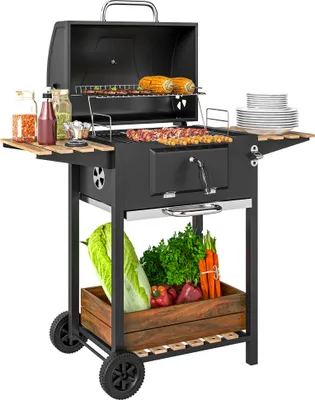 Produktbild von Outsunny Holzkohlegrill aus Edelstahl fahrbar Grillwagen mit Deckel Thermometer