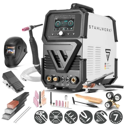 Produktbild von STAHLWERK Schutzgasschweißgerät AC/DC WIG 200 Puls Pro Touch – Vollausstattung – IGBT-Inverter mit 200 A, MMA-Funktion, Puls / Spot, Alu & Dünnblech, KI-generiertes Bild