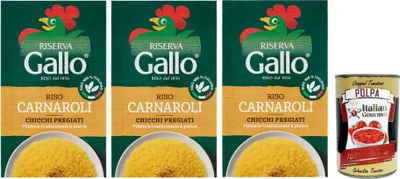 Produktbild von 3x Gallo Riso Riserva Carnaroli,100% Italienischer Reis,Kochzeit 15 Minuten,Ideal für Risottos,Packung mit 1Kg + Italian Gourmet Polpa di Pomodoro 400g Dose
