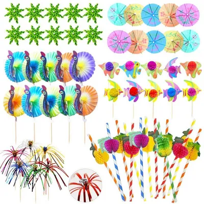 Immagine prodotto di Set di decorazioni per cocktail, 80 pezzi, con ombrellini, cannucce e bastoncini per "fuochi d'artificio" commestibili