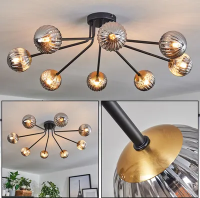 Produktbild von Isorella Deckenlampe aus Metall/Riffelglas in Schwarz/Goldfarben/Rauchfarben