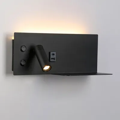 Obrázok produktu pre 7W nástenné svietidlo + 3W nastaviteľný reflektor, s pripojením USB a typu C, vypínač, svetlo 2700K, reflektor vľavo, čierny kov