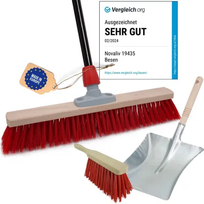 Produktbild von Novaliv Straßenbesen mit Stiel 60 cm Elaston Borsten inkl. Kehrgarnitur schwarz bestehend aus Kehrblech und Handfeger Ideal als Gartenbesen Terassenbesen Hofbesen Stallbesen Kehrbesen Outdoor broom