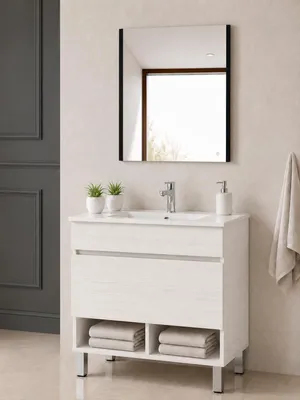 ORIGEN BATH NEBARI Badmöbel mit Füßen und Waschbecken 90x40 cm, Nordisch Weiß