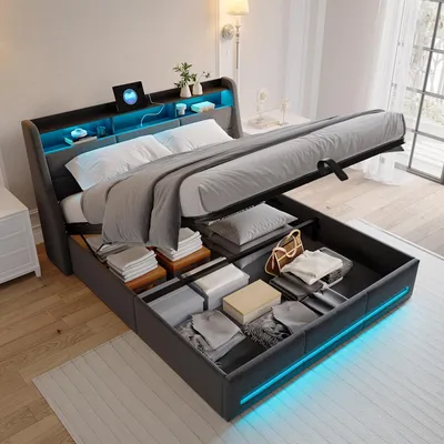Produktbild von SUNFECILI Polsterbett 140x200 cm,Boxspringbett 140x200,mit Lattenrost,Matratze und Kopfteil,USB,LED,Doppelbett,Jugendbett, Leinen Stoff,Grau