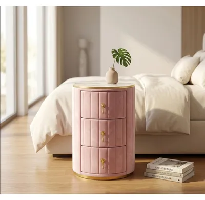 Produktbild von Moderner Nachttisch Rund Samt Nachtschrank mit 3 Schubladen Marmor-Optik Gold-Griffe Schlafzimmer Beistelltisch Rosa