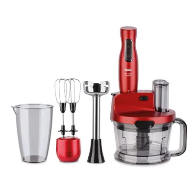A red hand blender set with multiple attachments, including a whisk, immersion blender, and food processor bowl, is displayed on a white background.