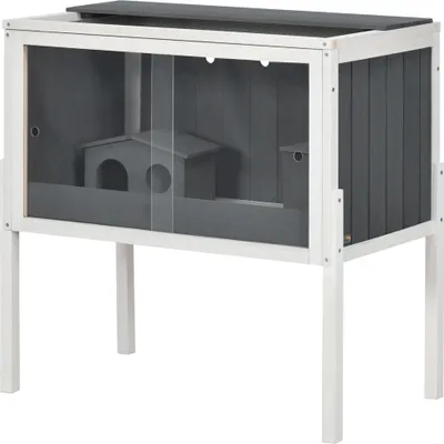 Produktbild von Hamsterkäfig, 3000 cm² Zwerghamsterkäfig aus Holz und Metall, mit 2 Hütten, Acrylschiebetüren, stabil, sicher, Grau+Weiß