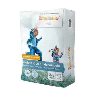 Produktbild von Kiwisto Kids Kinderwindeln, Premium Protection, 3-8 Jahre, 22+ kg, 55 - 66 cm Hüftumfang (15 Stück)