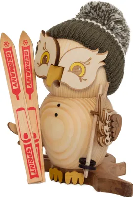 Produktbild von Drechslerei Kuhnert - Räucherfigur Eule als Skifahrer - Größe ca. 15cm, für Räucherkerzen Größe M (Standard) - 37208