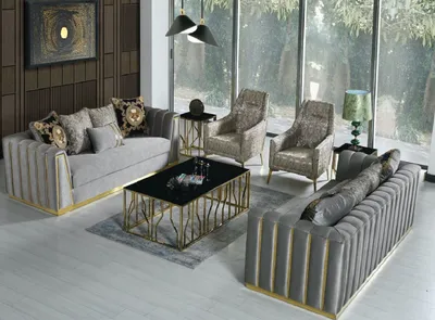 Produktbild von Casa Padrino Luxus Wohnzimmer Set Grau / Gold - 2 Sofas & 2 Sessel & 1 Couchtisch - Moderne Wohnzimmer Möbel - Luxus Qualität
