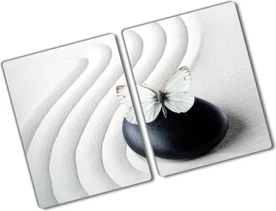 Produktbild von Tulup Glas Herdabdeckplatte - 2x40x52 cm - Glaskeramikkochfeld-Abdeckung Spritzschutz Glasabdeckplatte Kochplattenabdeckung und Schneidebrett - Zweiteilig - Tiere - Zen Schmetterling - Weiß