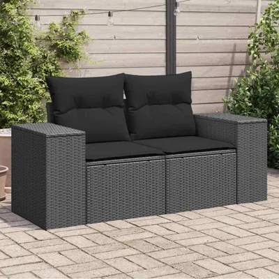 Image de vidaXL Canapé de jardin avec coussins 2 places noir poly rotin