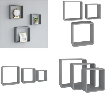 Obrázek produktu pro vidaXL Police Cube 3 ks. Šedá MDF - Police z kostek - Police z kostek - Nástěnná police z kostek - Nástěnné police z kostek
