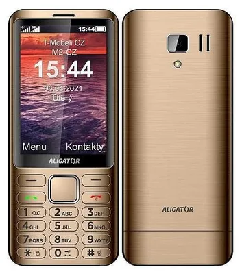 A front and back view of a gold Aligator D950 mobile phone.