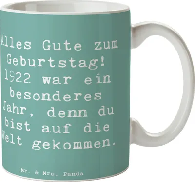 Produktbild von Mr. & Mrs. Panda Tasse Spruch 1922 Geburtstag - Meeresbrise - Geschenk, Jubiläum, Jahrgang, haferl, mit, Geburtstagsgeschenk, Alter, Kaffeebecher, Kaffeetasse, Teetasse