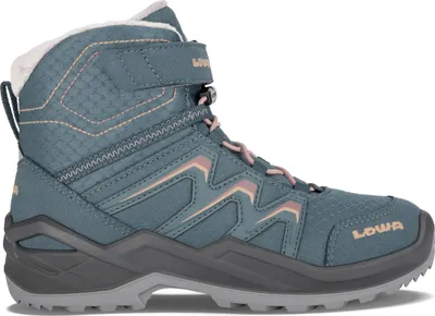 A single teal and pink Lowa Maddox Warm GTX Mid Jr. boot is shown against a white background.