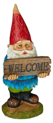 Image de Nain de jardin figurine décorative - Résistant aux intempéries - 31 x 13,5 x 12 cm - Avec panneau Welcome